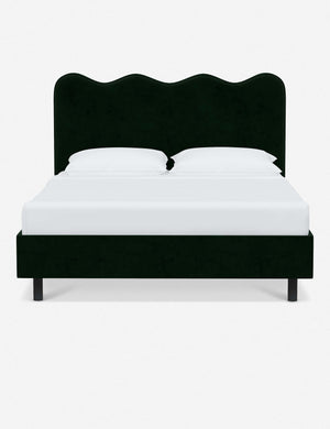 Clementine emerald velvet platform bed with undulating lined headboard