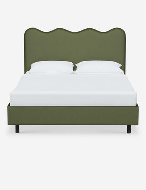 Clementine pine velvet platform bed with undulating lined headboard