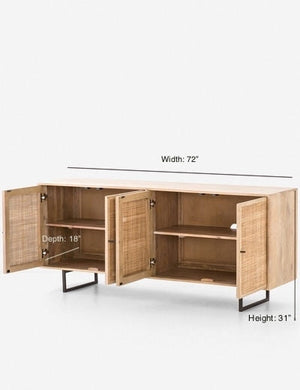 Dimensions on the Hannah natural mango wood sideboard with cane doors and an iron base.