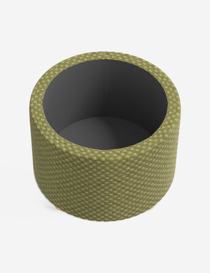 The storage space inside the Kamila Hi-Lo Checker Olive 24-inch ottoman