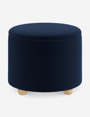 Kamila Navy Velvet 24-inch round ottoman with storage space and pinewood feet