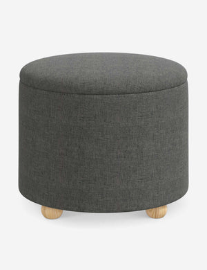 Kamila Charcoal Gray Linen 24-inch round ottoman with storage space and pinewood feet