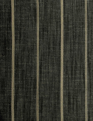 Detailed shot of the stripes and linen on the Adara peppercorn stripe linen upholstered bed.