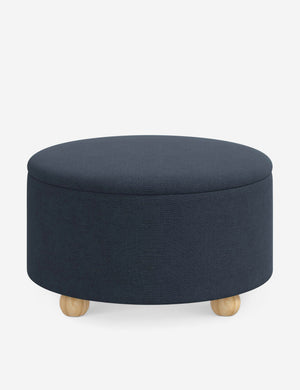 Kamila Navy Linen 34-inch round ottoman with storage space and pinewood feet
