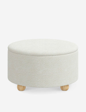 Kamila White Boucle 34-inch round ottoman with storage space and pinewood feet