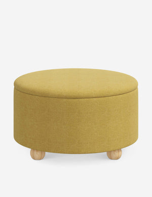 Kamila Golden Linen 34-inch round ottoman with storage space and pinewood feet