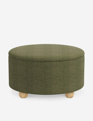 Kamila Sage Green Linen 34-inch round ottoman with storage space and pinewood feet