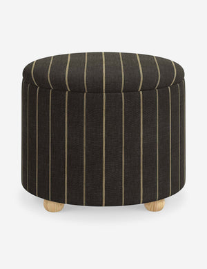 Kamila Peppercorn Stripe Linen 24-inch round ottoman with storage space and pinewood feet