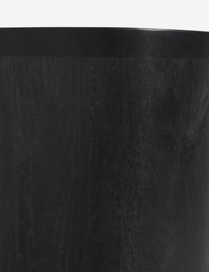 Detailed shot of the black mango wood on the Luna black mango wood oval console table.