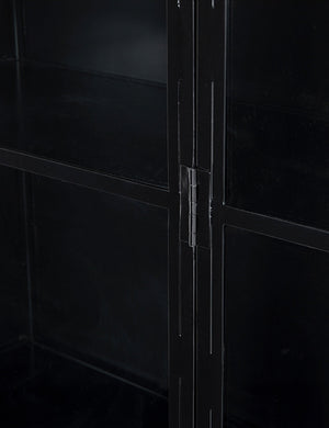 Close-up on the door hinge of the Cressida matte black iron curio cabinet with glass paneled doors and brass hardware