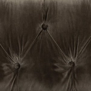 Close-up of the tufting on the Afia tufted gray-brown velvet sofa with nailhead trim and light wood base