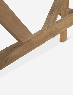 Close-up of the joinery of the Arlene craftsman-style antiqued teak wood console table