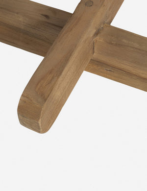 Detailed close-up of leg braces of the Arlene craftsman-style antiqued teak wood console table