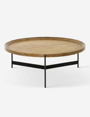 Becca coffee table with rimmed oak top and iron tripod-style base