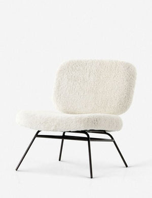 Angled view of the Amanda white plush upholstered accent chair
