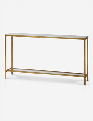Angled view of the Hasina sleek console table with mirrored top and gold finish