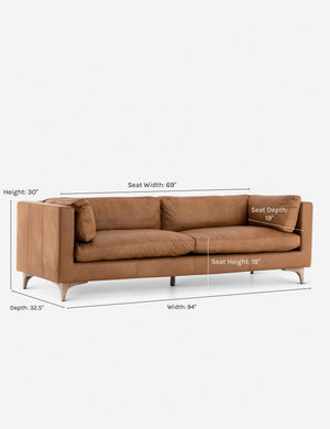 Dimensions on the Jocelyn brown leather sofa