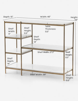 Dimensions on the Kathleen console table with marble shelves and gold finish