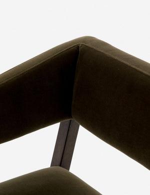 Close-up of the upper corner and stitching on the Lyssa olive velvet accent chair