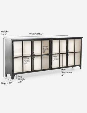 Dimensions for the Marjorie black iron sideboard with glass paneled doors