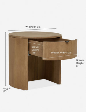 Dimensions for the Kono round solid oak nightstand with one drawer